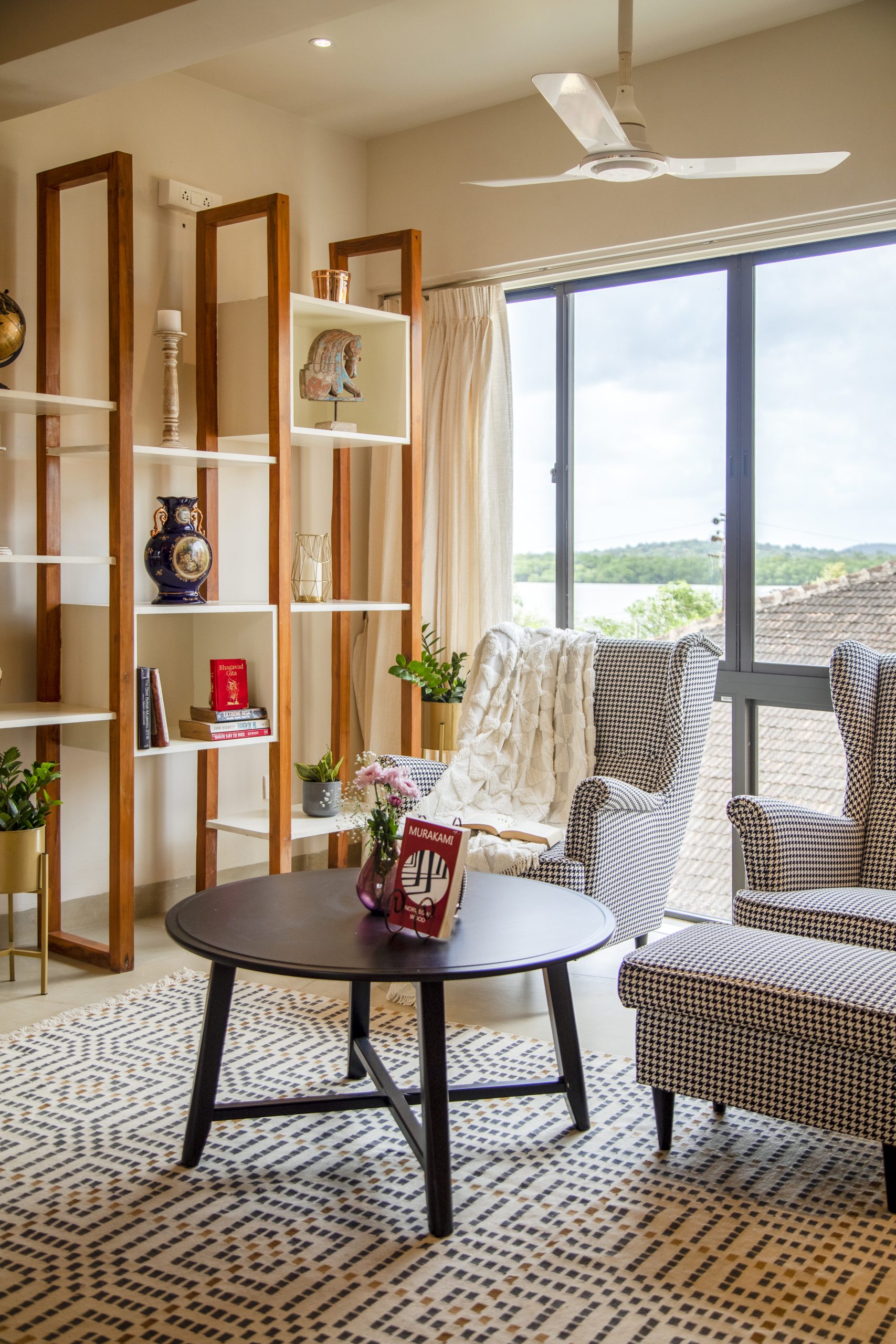 Mezzanine bedroom — pendant lighting and timber detail